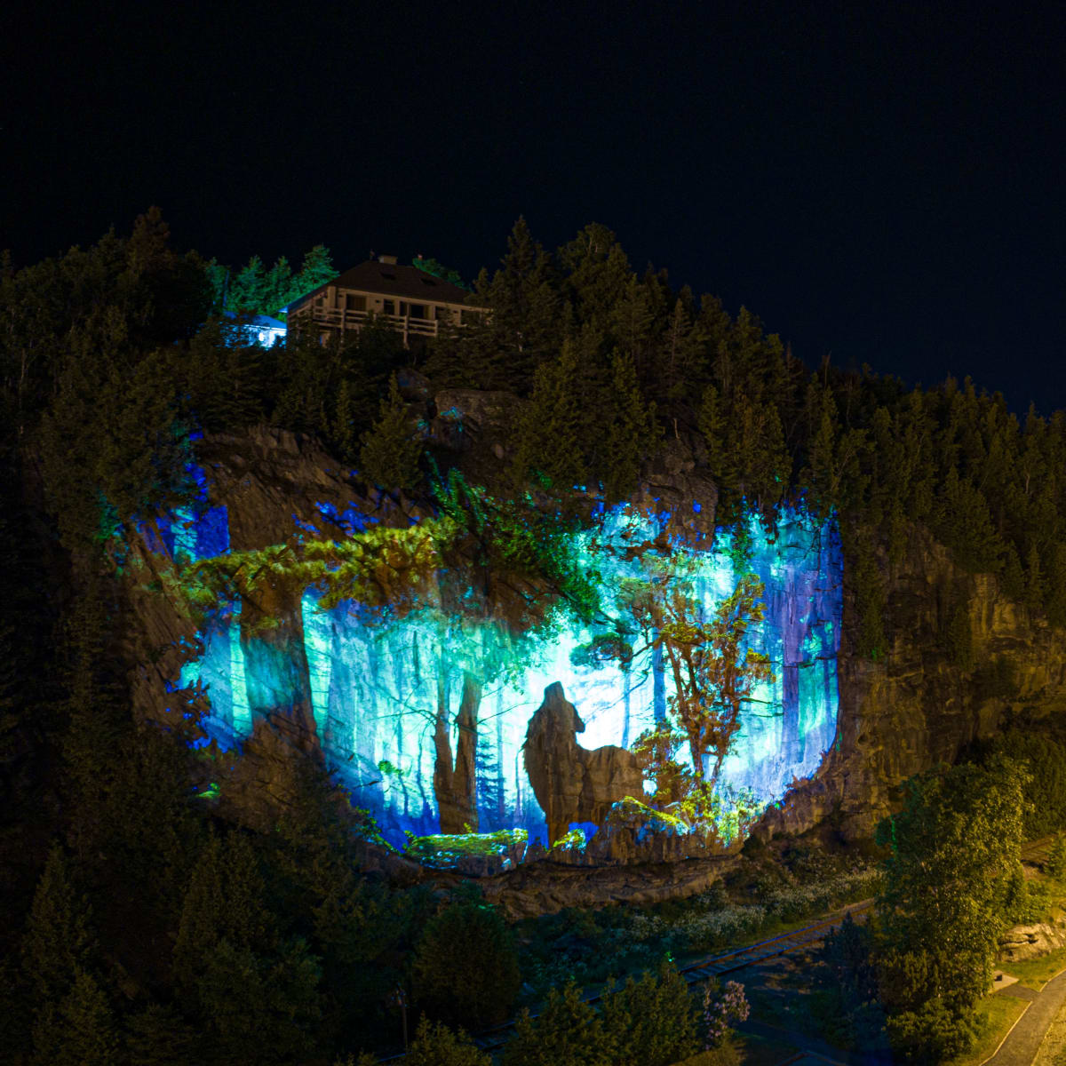Cité Mémoire - Une projection lumineuse sur une paroi rocheuse d'une scène forestière et de la silhouette d'un loup, la nuit
