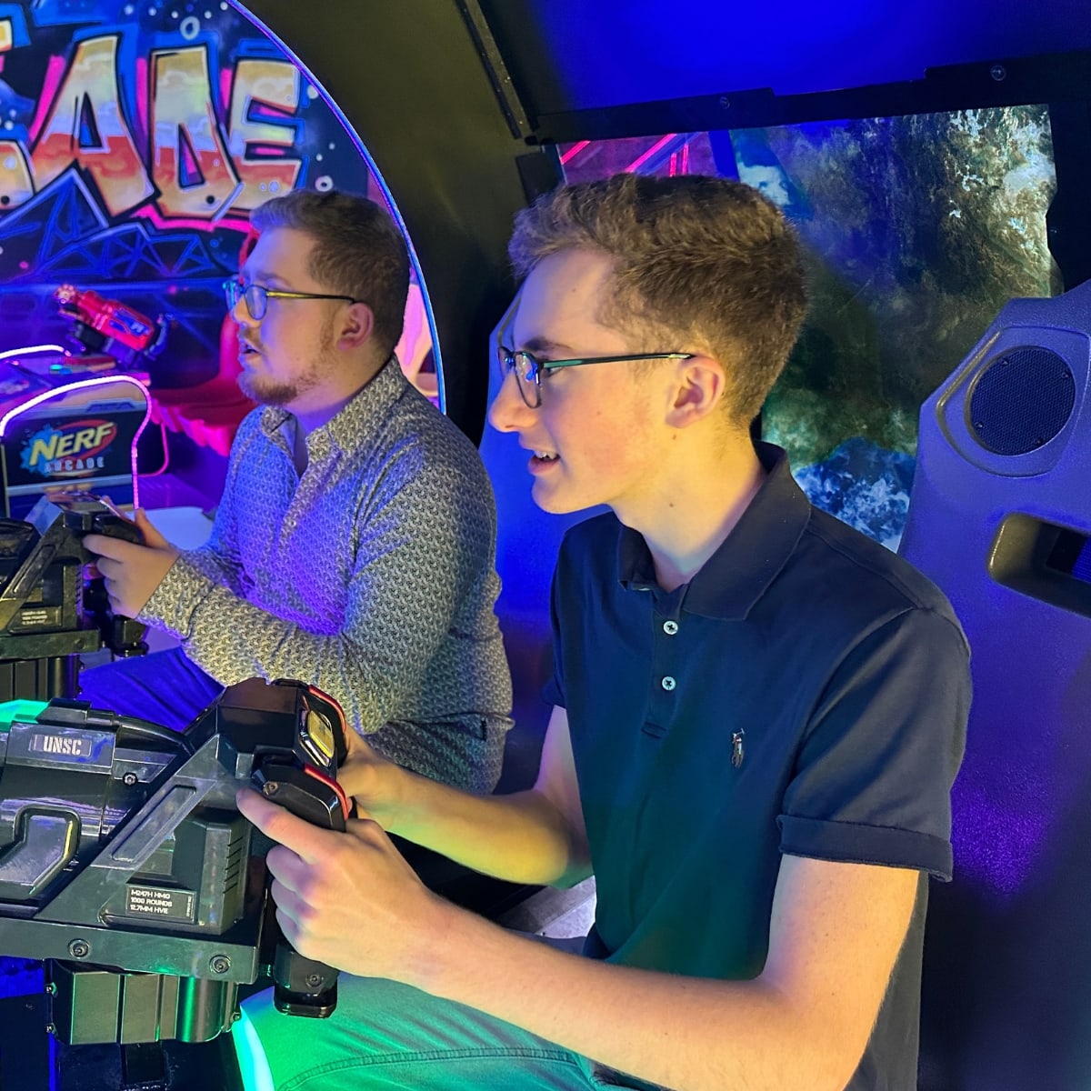 Arcade games with colourful lighting effects.