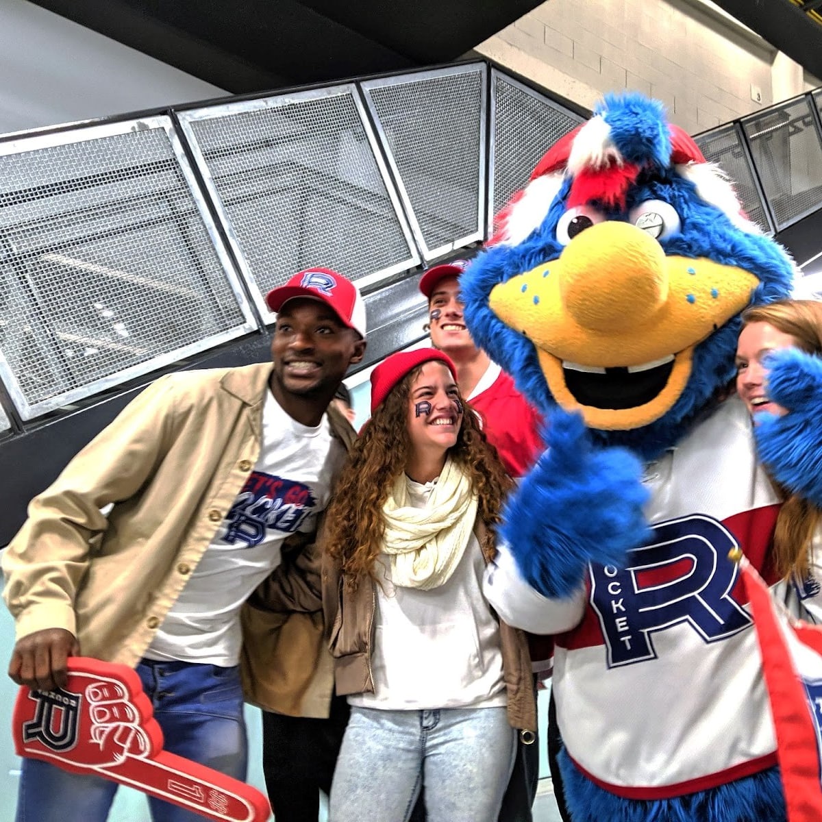 Fans and mascot of the Laval Rocket hockey team.