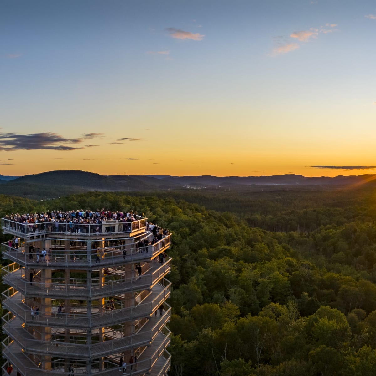Top of the Sentier des Cimes tower at sunset.