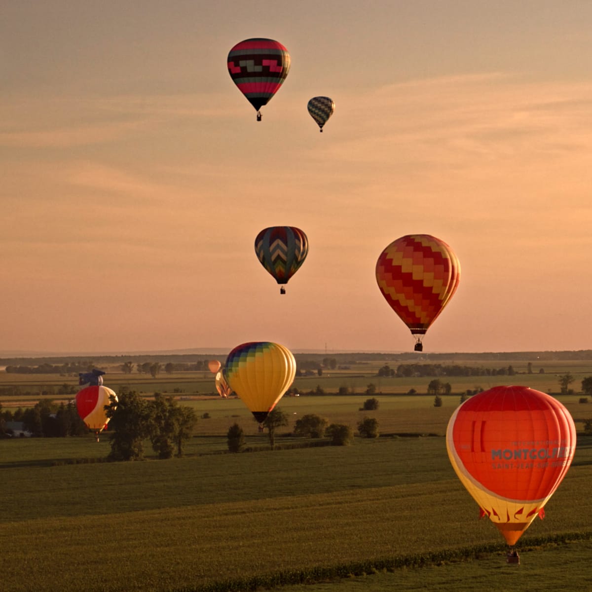 A dozen hot air balloons in an orange sky above fields stretching towards the horizon.