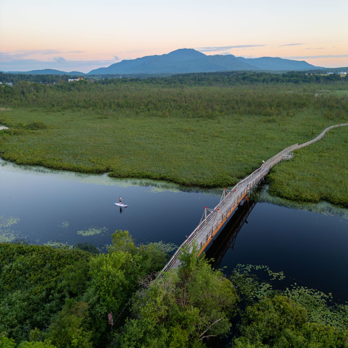 Aerial view of a nature park crossed by a river, with a mountain in the background.