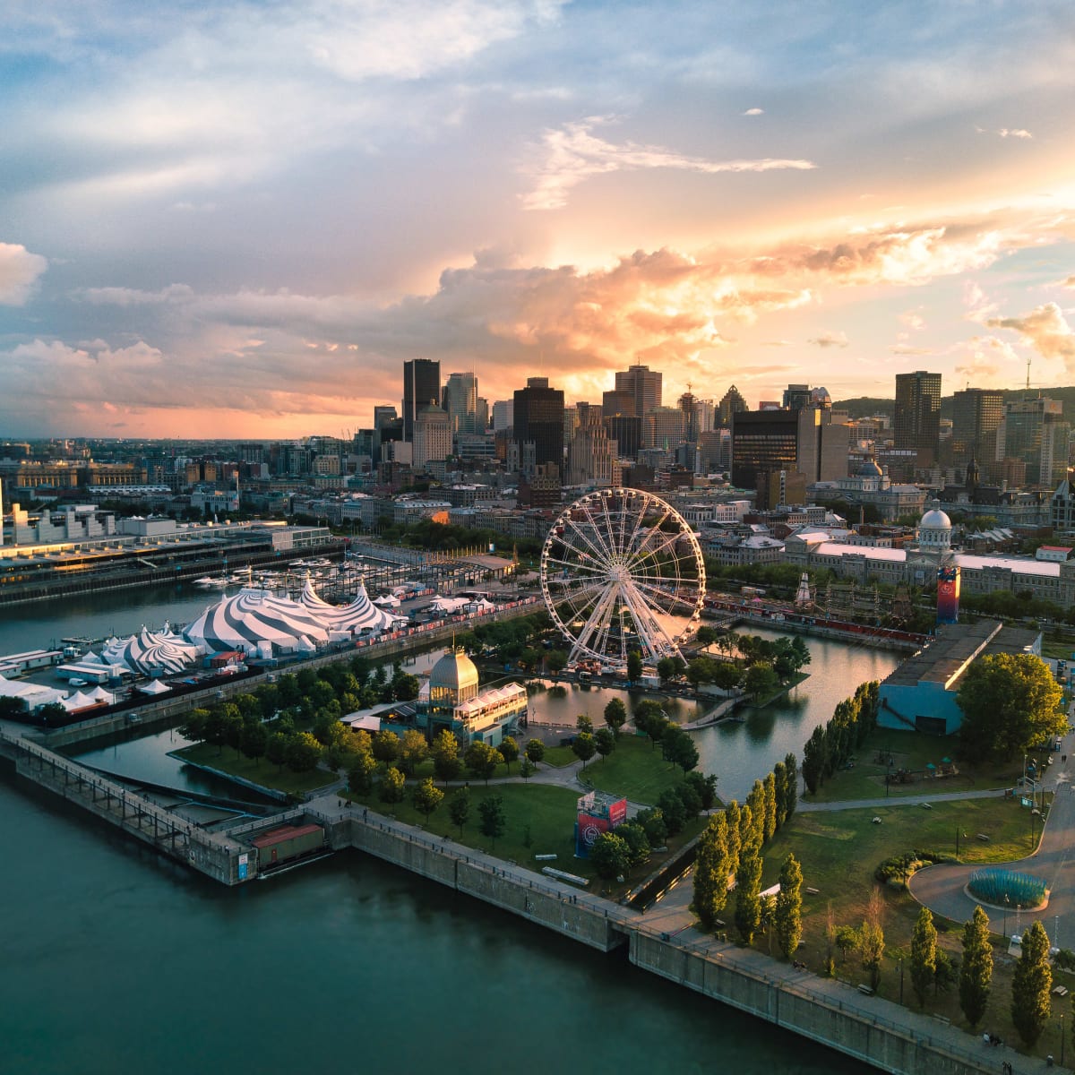 Aerial view of the Old Port of Montreal at sunset.