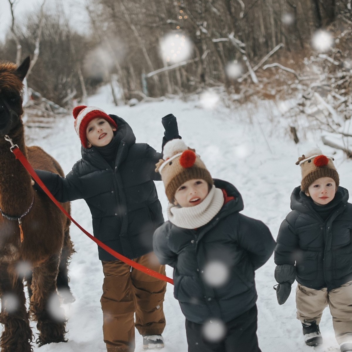 Alpagas du Domaine Poissant - Three children walking an alpaca in winter