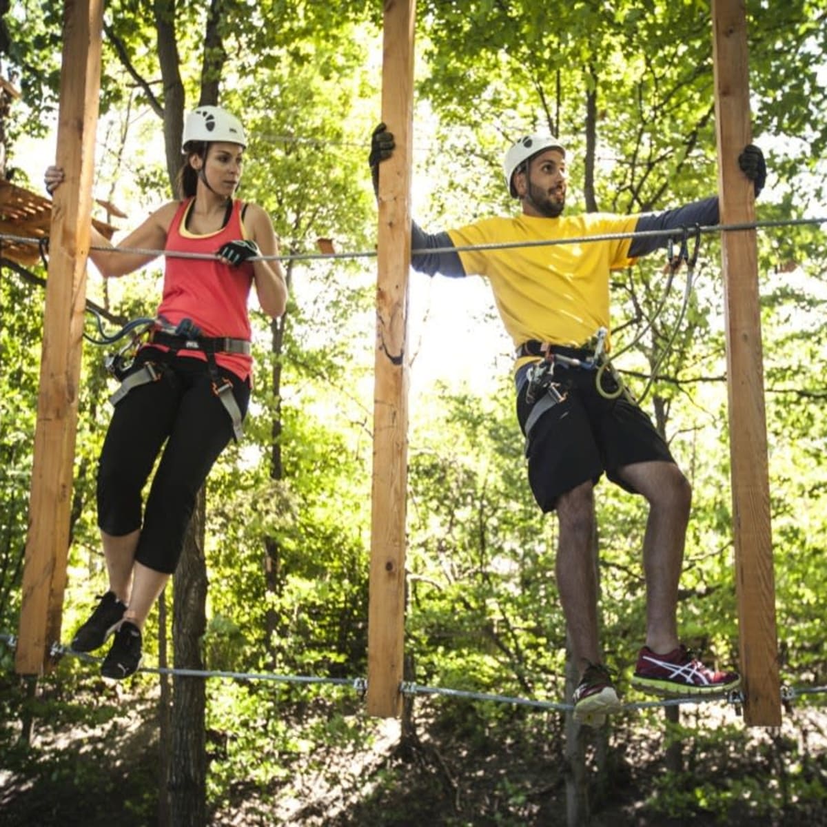 A man and a woman on an aerial tree adventure.