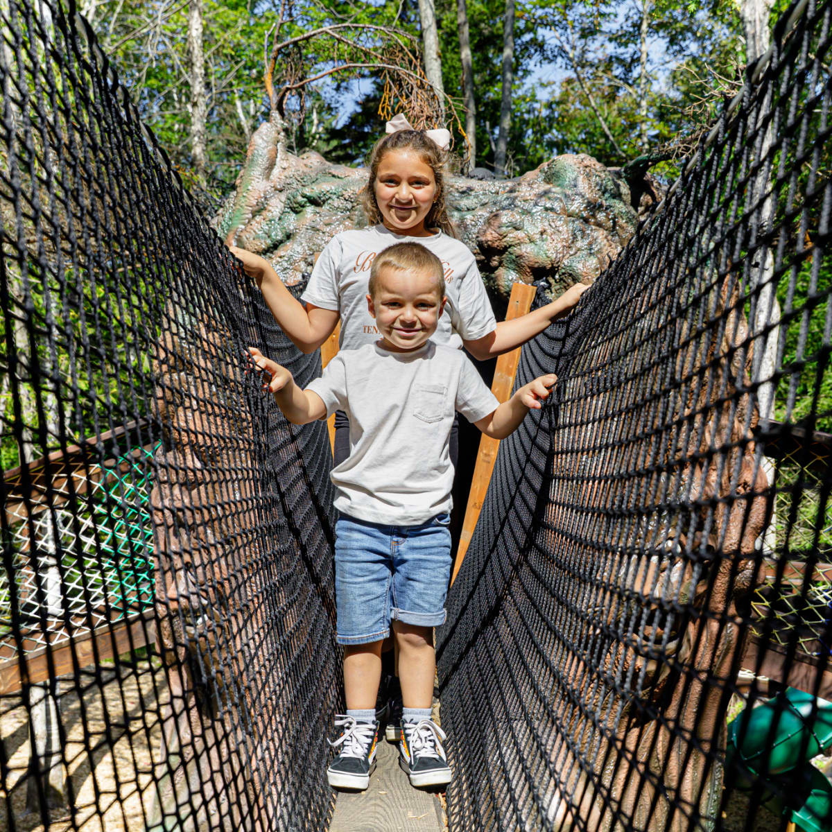 Two kids playing in an aerial courses