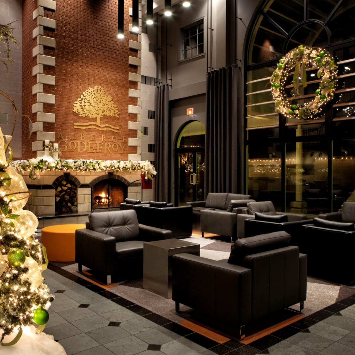 Fireplace at Auberge Godefroy during Christmas.