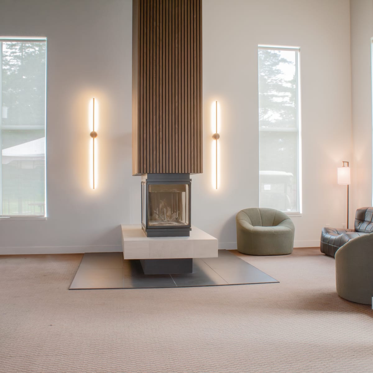 Lobby with fireplace at Auberge Matha.