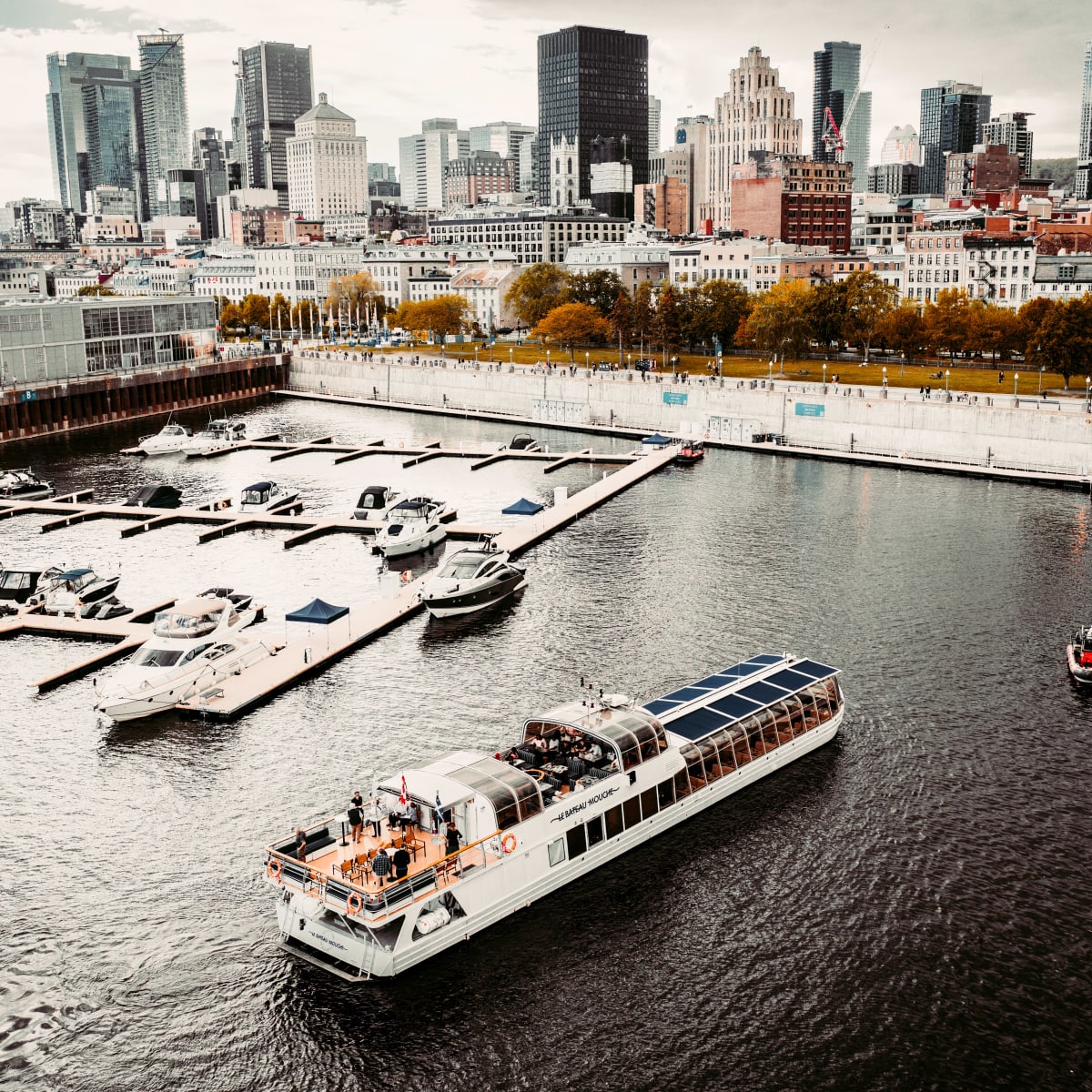 Aerial view of the riverboat and Old Montreal.