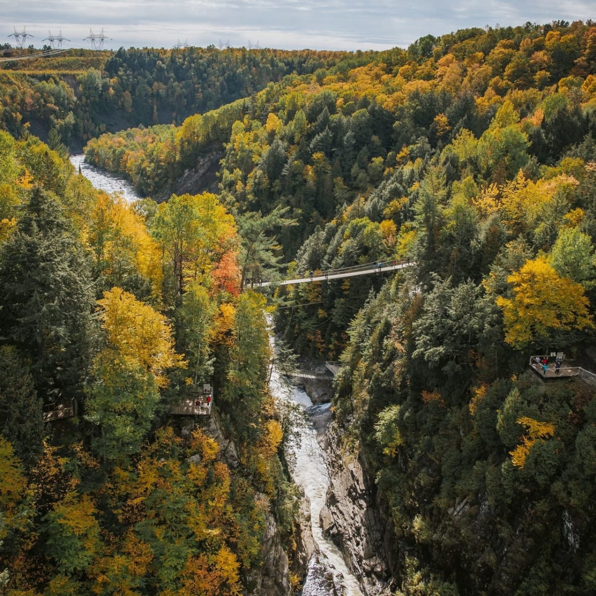 Suspension bridge in autumn at Canyon Sainte-Anne.
