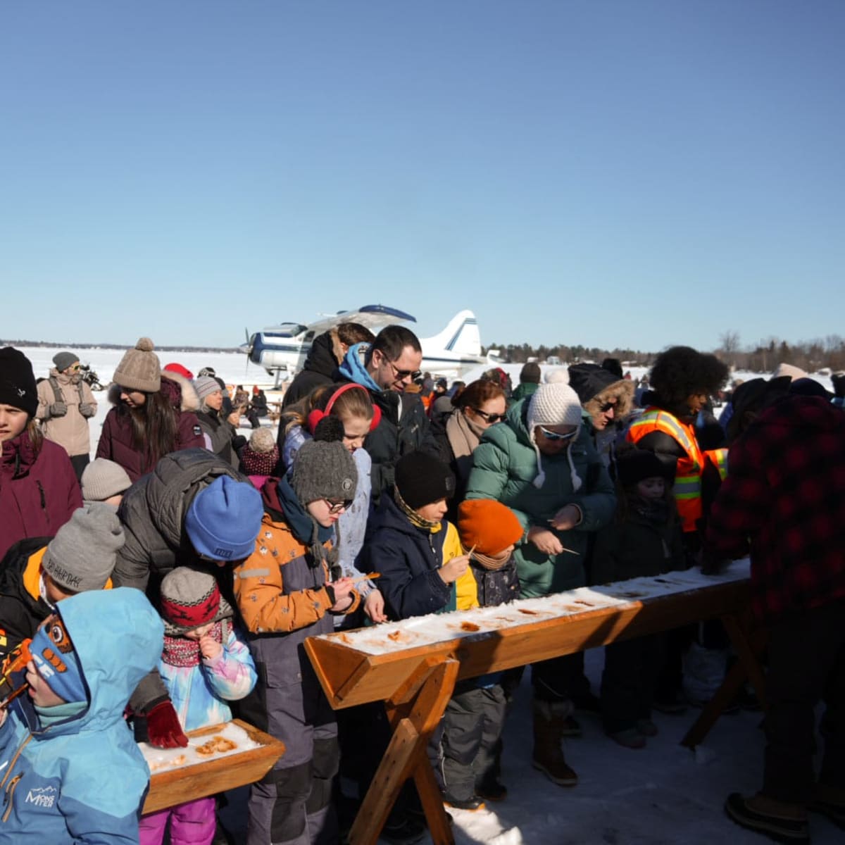 Maple taffy on snow at the Lac-à-la-Tortue Winter Carnival.