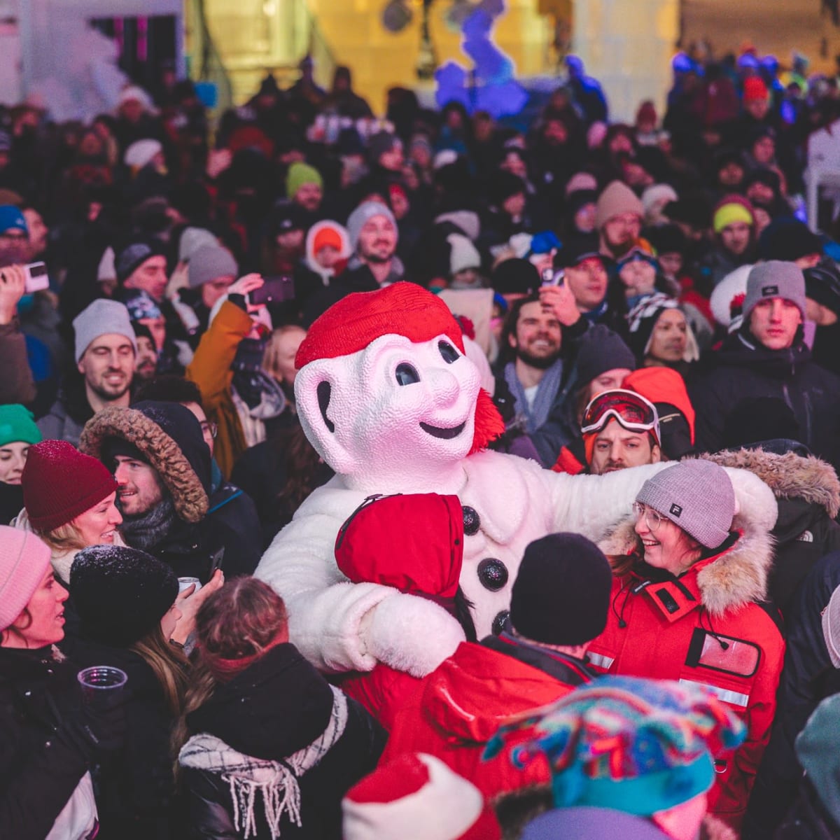 Bonhomme Carnaval in a crowd at Québec Winter Carnival.