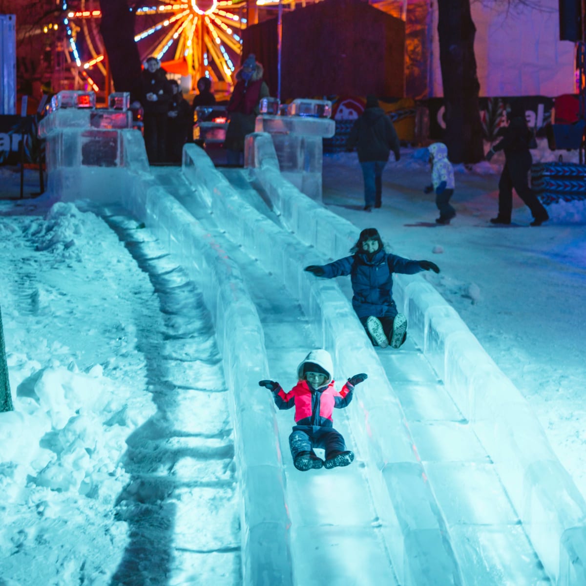 Sliding at the Quebec Winter Carnival.
