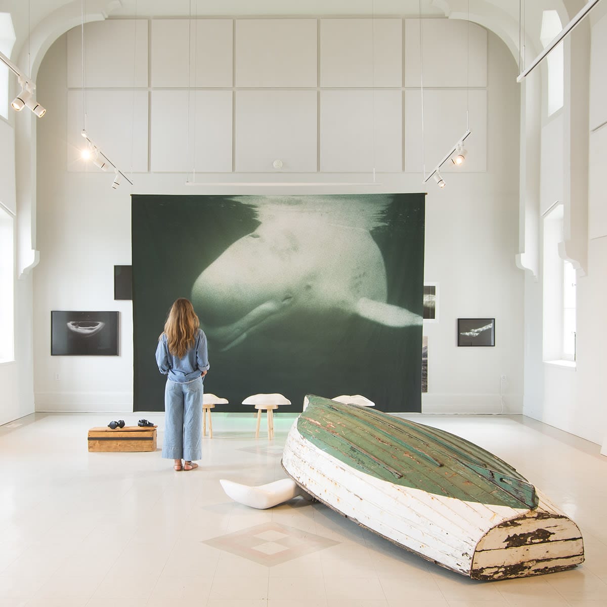 Details of the exhibition “Dans l'œil du béluga” (Through the Eyes of a Beluga) by Maryse Goudreau at the Centre d'art de Kamouraska.