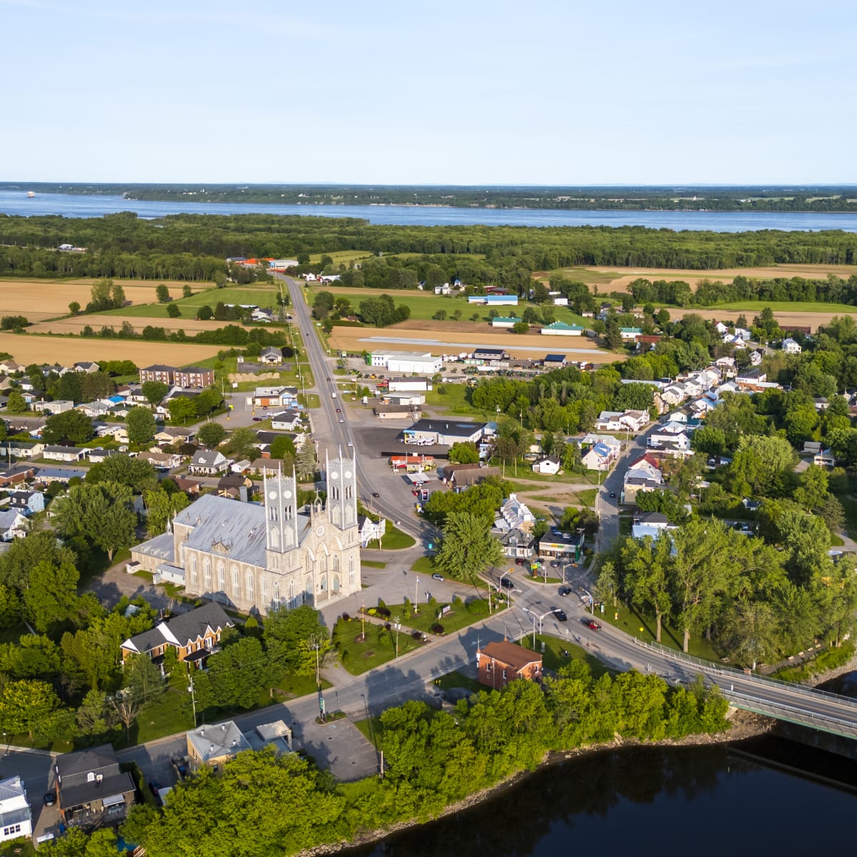 Aerial view of the town of Saint-Anne-de-la-Pérade, on the Le Chemin du Roy route.