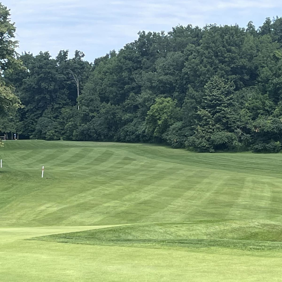 A grassy fairway bordered by a wooded area at the Club de golf Saint-Anicet.