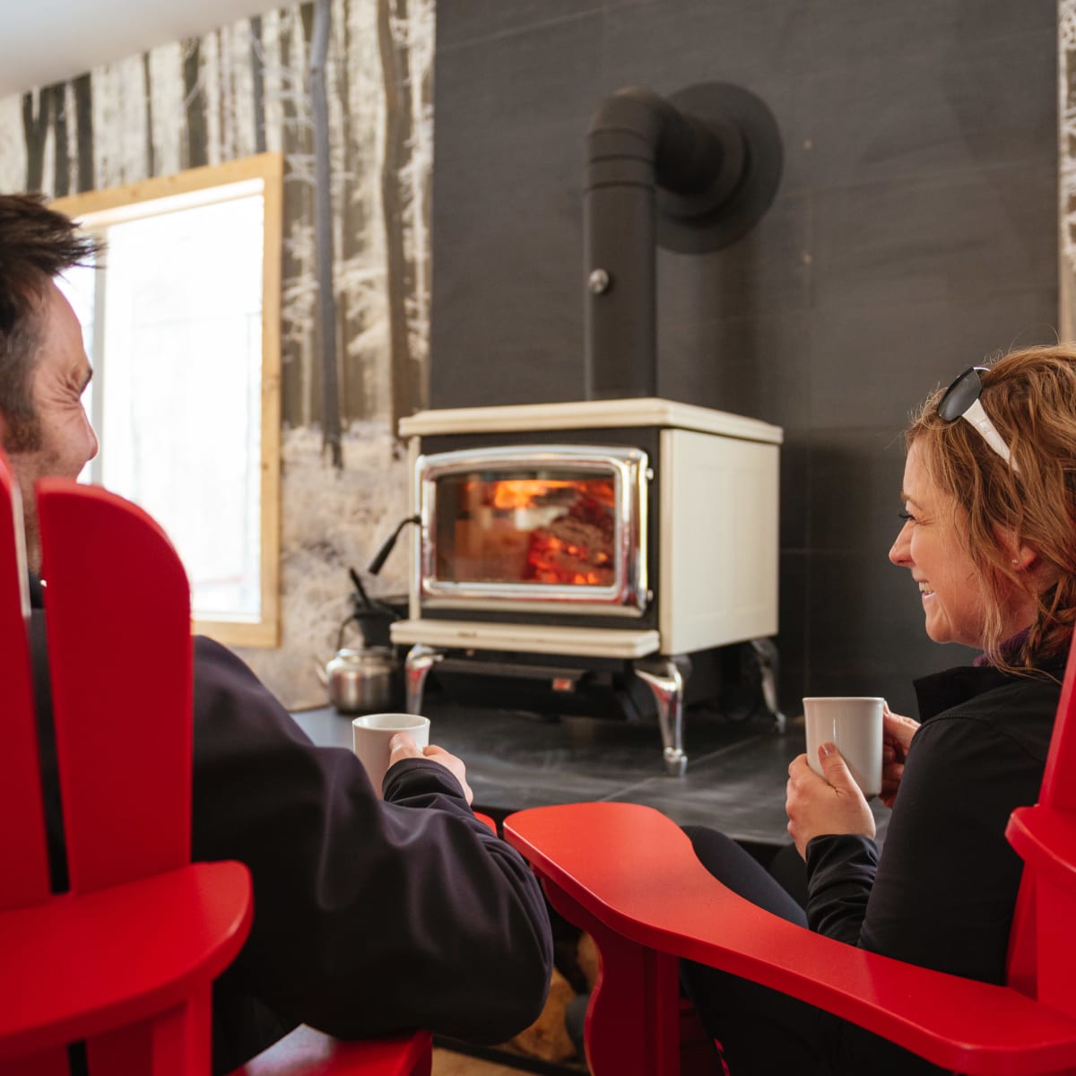 Couple assis devant un poêle à bois.