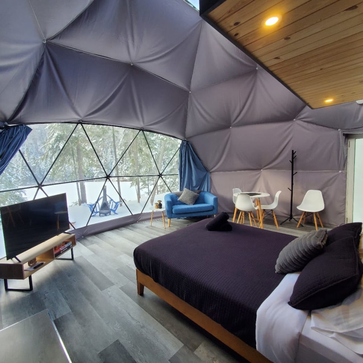 Bed and panoramic view inside the dome.