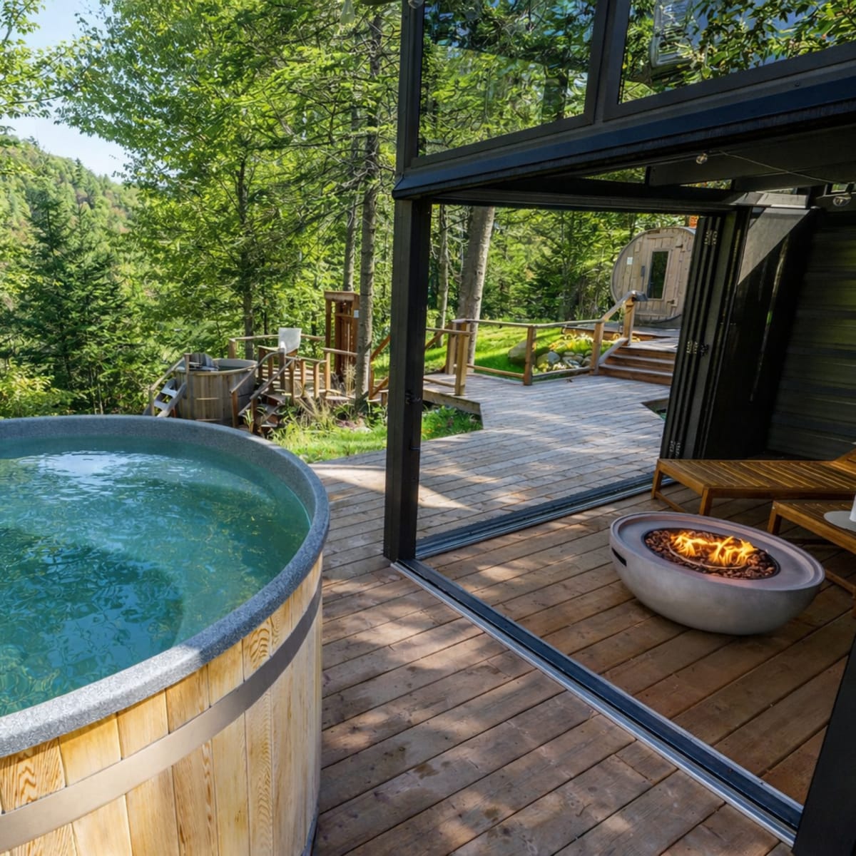 Spa area with a sauna, hot tub, and relaxation area in the summer.