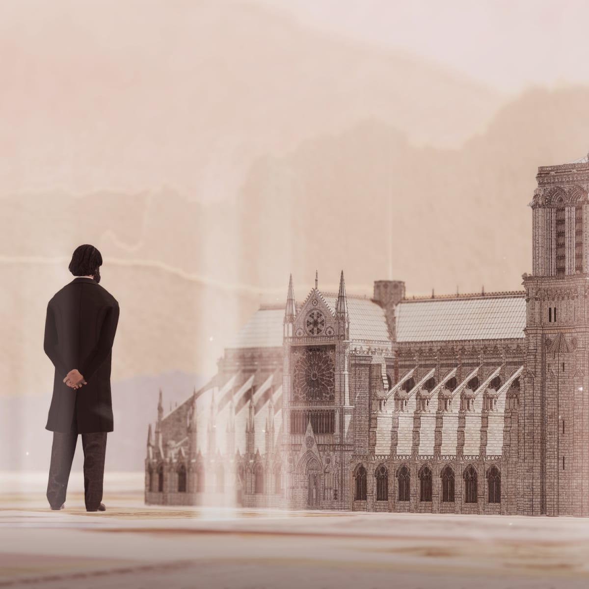 Eternal Notre-Dame - Illustration of a man looking at a cathedral.