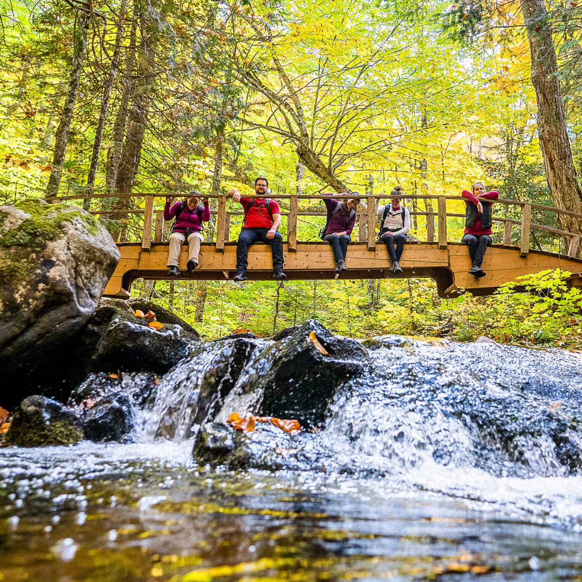 Adults sitting on a small bridge in the Parc régional Montagne du Diable.