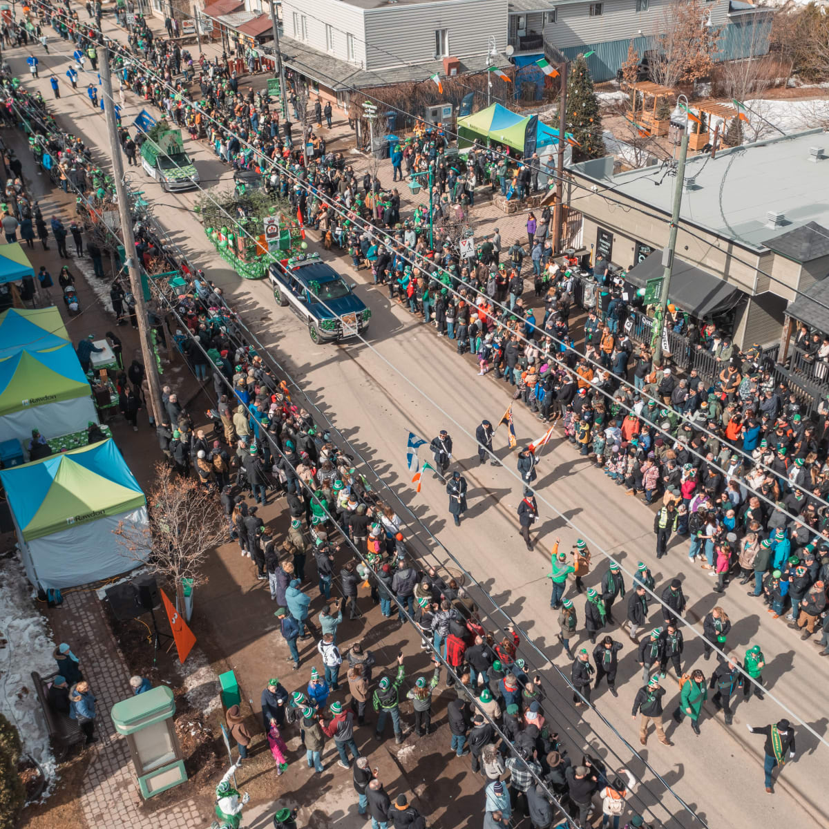 Aerial view of St. Patrick's Day parade in Rawdon.