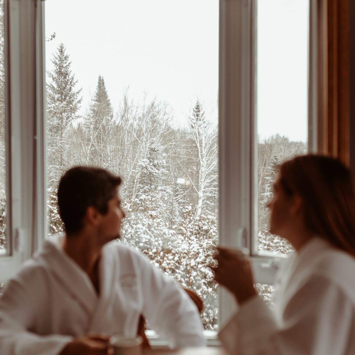 Two people in bathrobes standing by a window; outside, the scenery is covered in snow.
