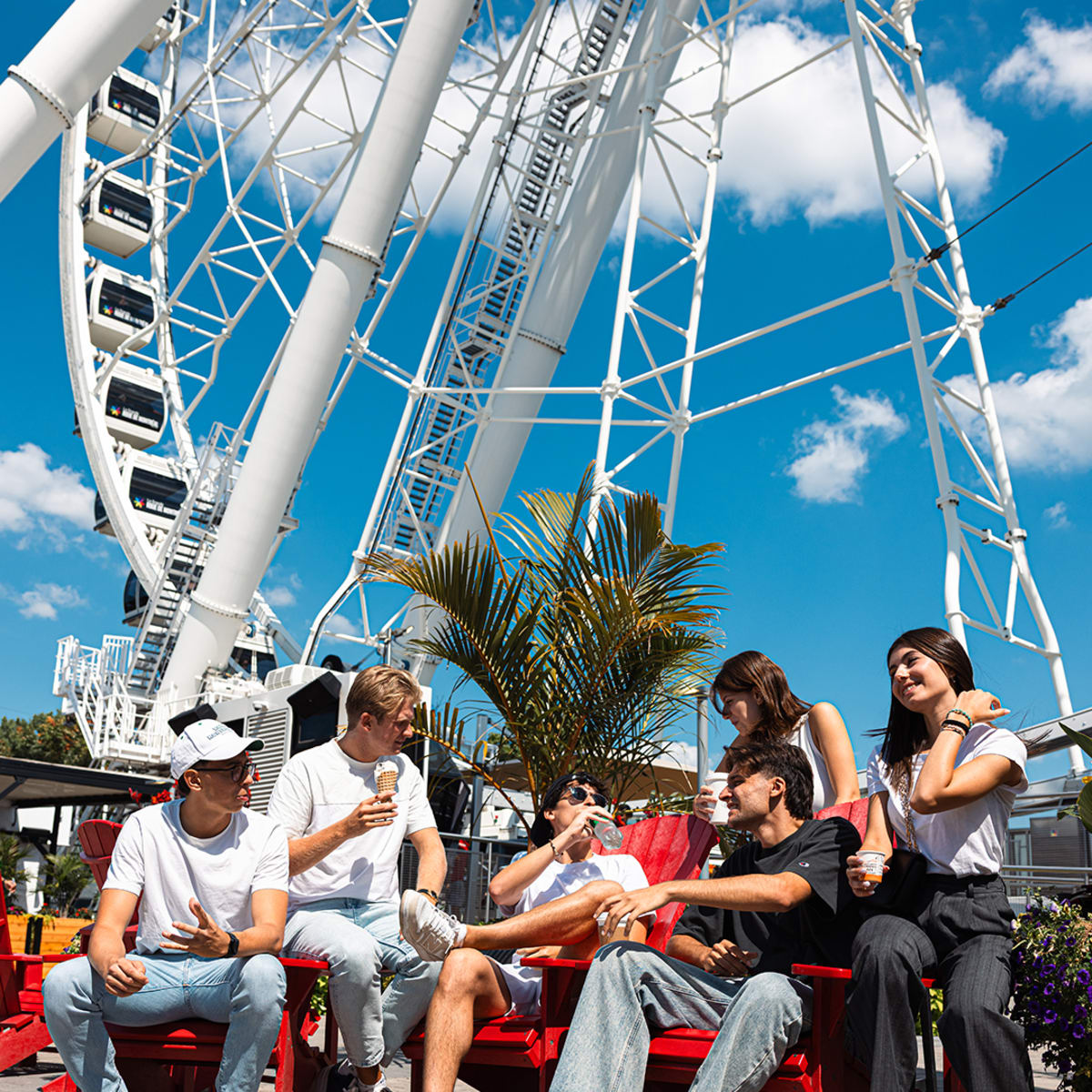 Group of friends in front of the Grande Roue of Montréal.
