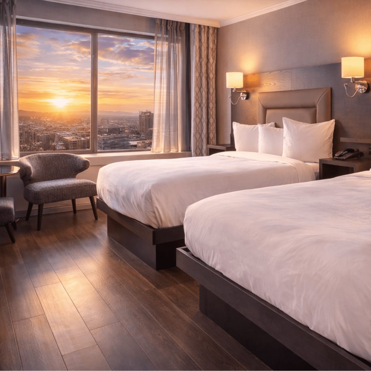 A bedroom with a view of the sunset from the window, Le Concorde Hotel.
