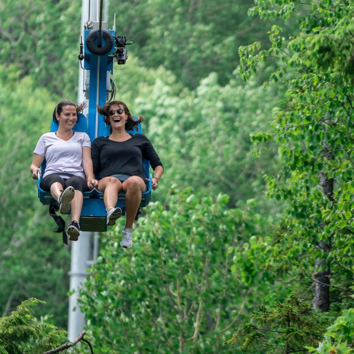 Deux femmes dans un manège aérien au coeur d'une forêt.