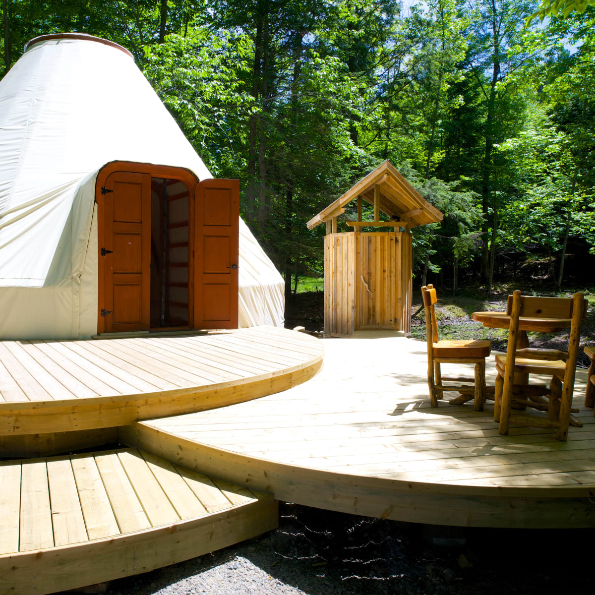 Yurt at Omega Park in summer, unique family accommodation in Quebec.