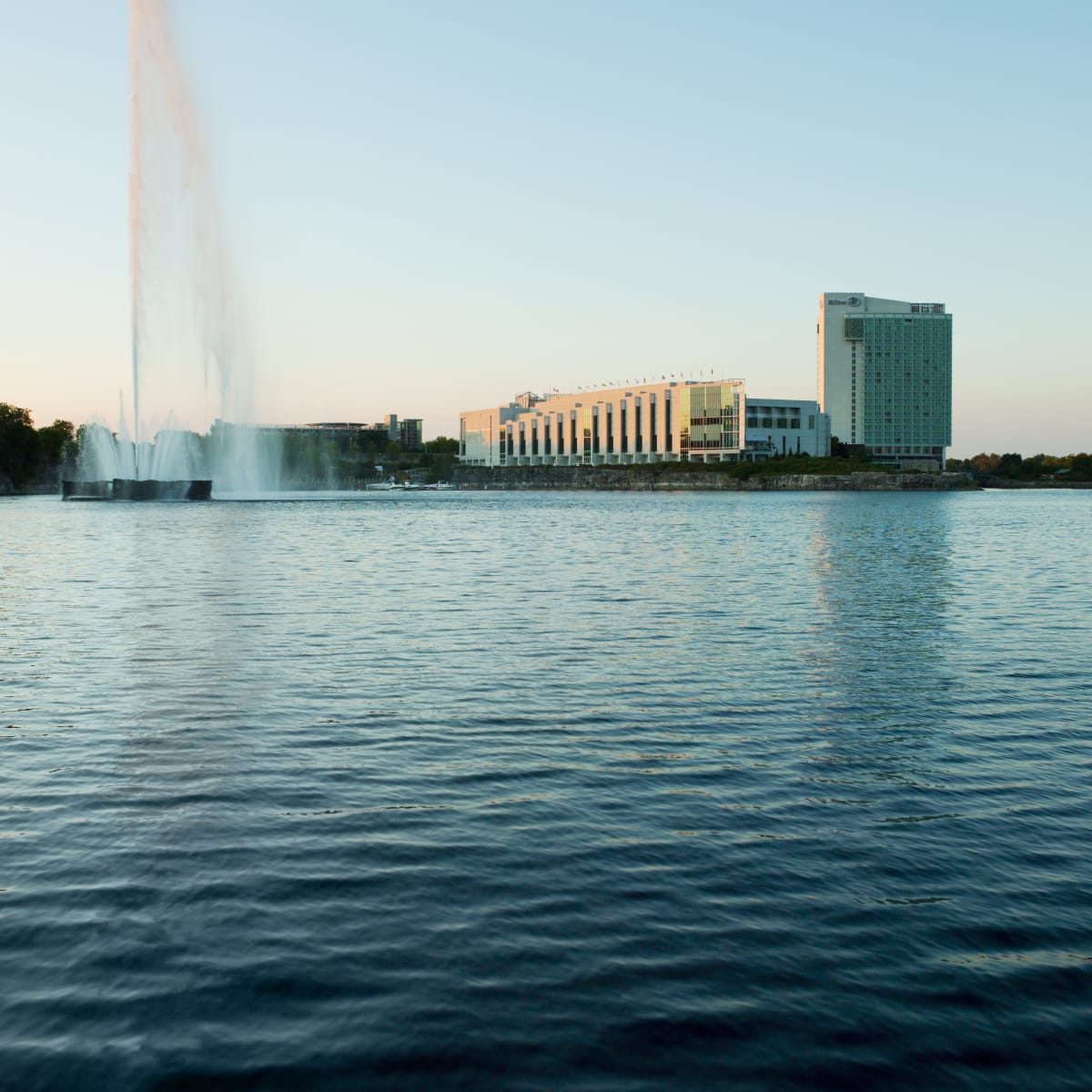 Photo of the hotel taken from across Lake Leamy.
