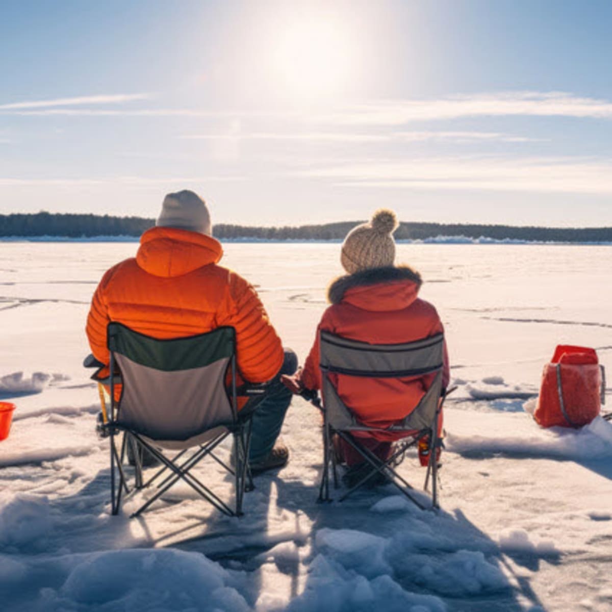 Deux personnes qui font de la pêche sur glace.