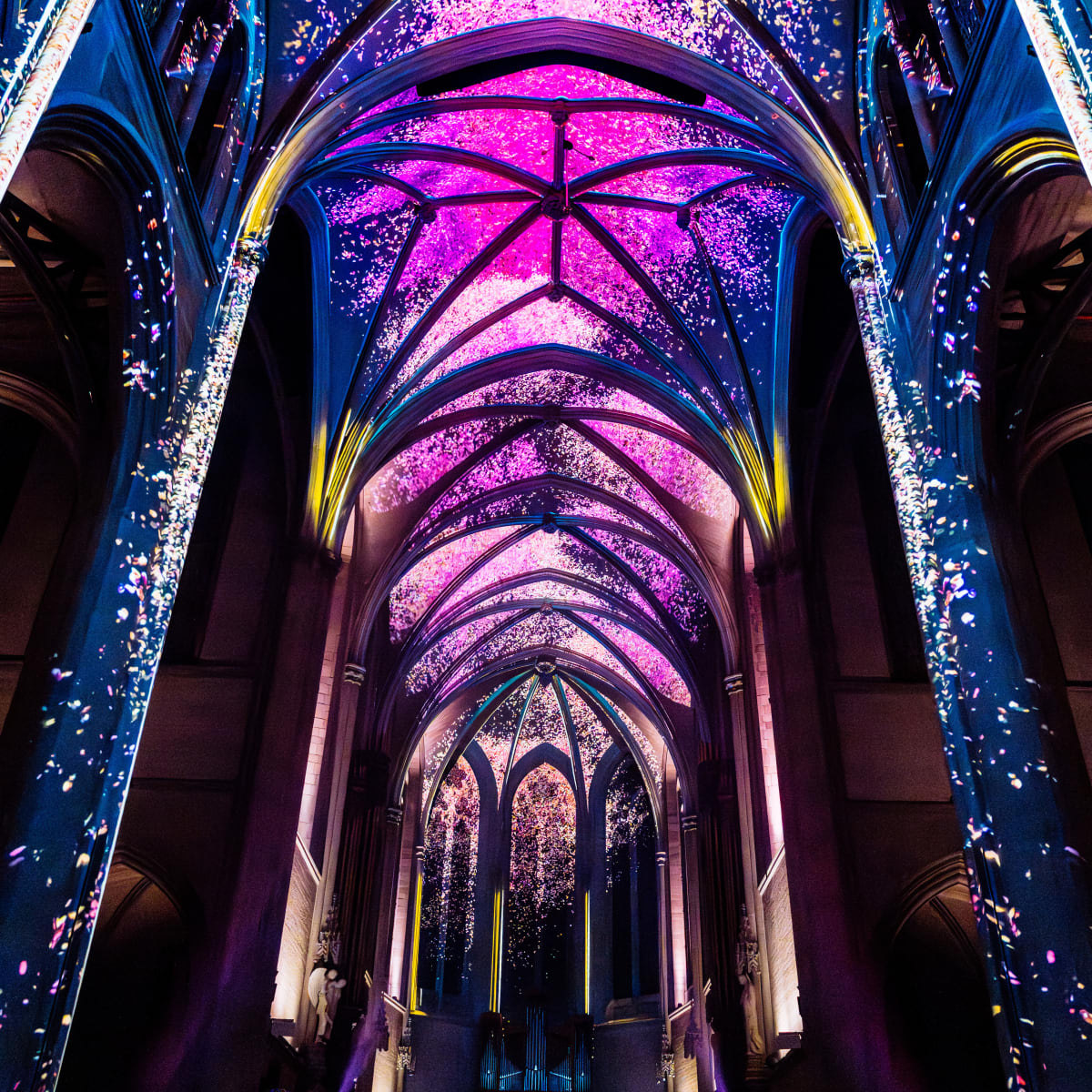 Light projections on the vaults of Grace Cathedral during the AURA experience.