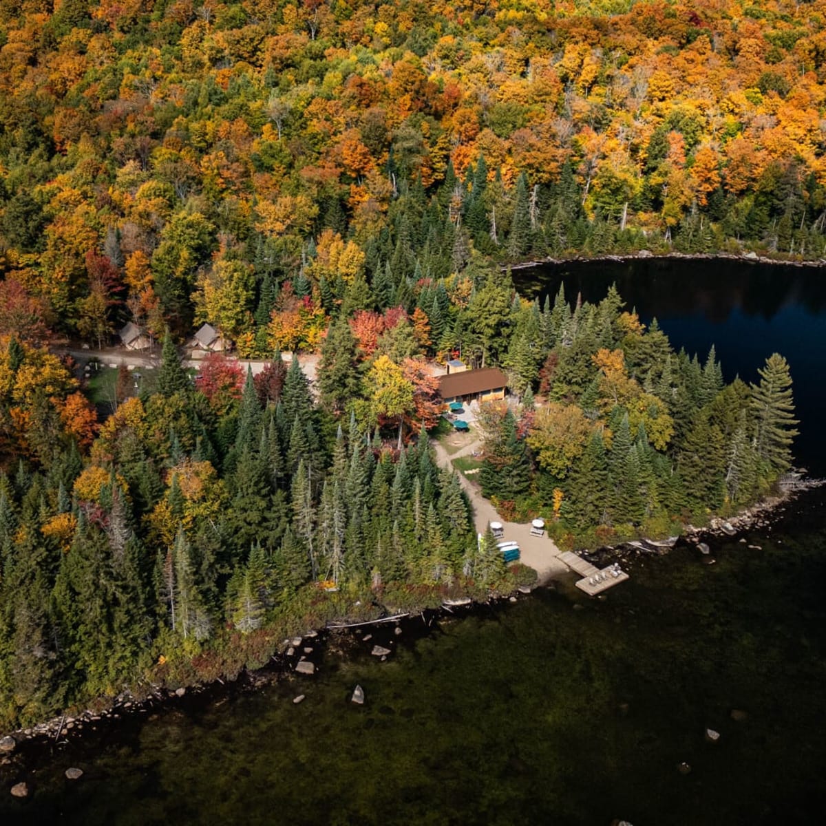 Vue aérienne du lac et de la forêt à l'automne.