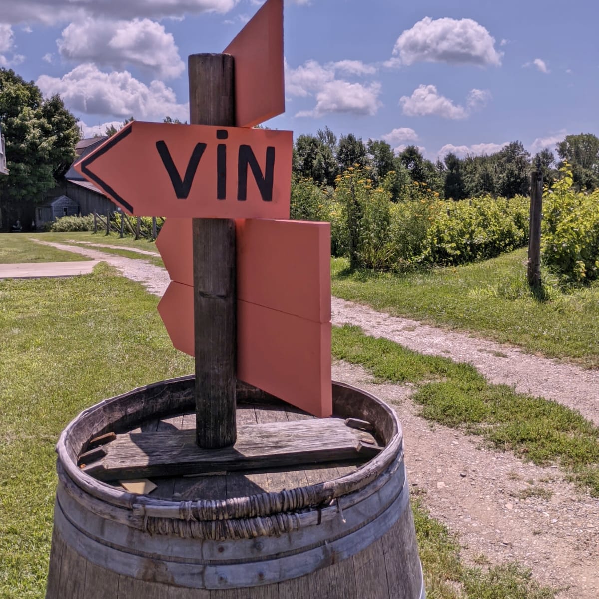 Signalisation de vin au bord d'un chemin d'un vignoble.