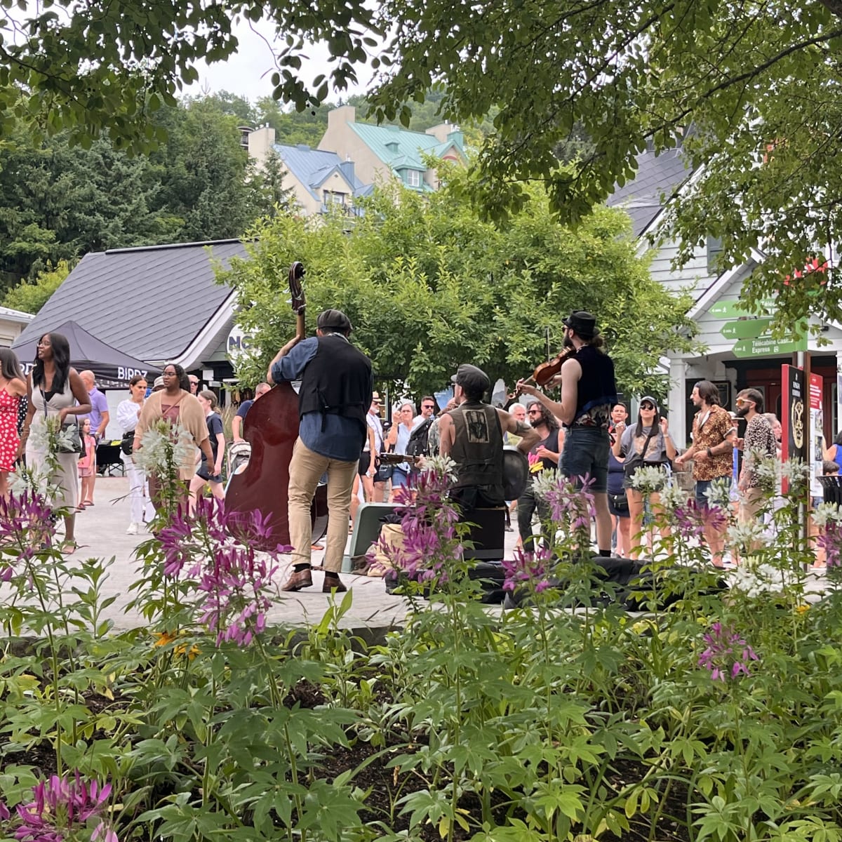 Jazz musicians in a public square. 