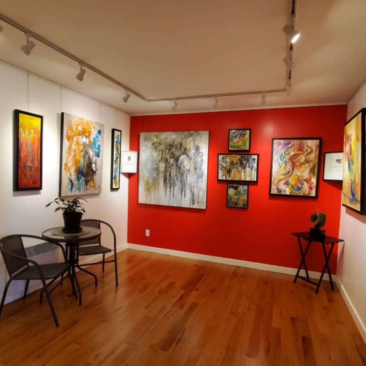 An exhibition of artworks in a gallery.