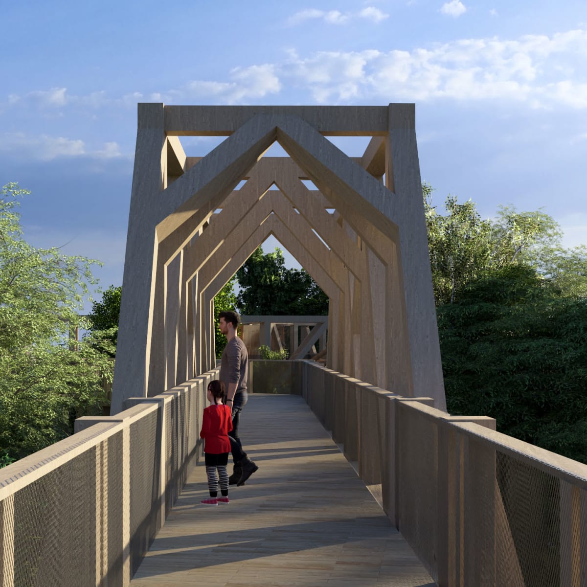A child and a parent on a footbridge at La Place des Sommets.