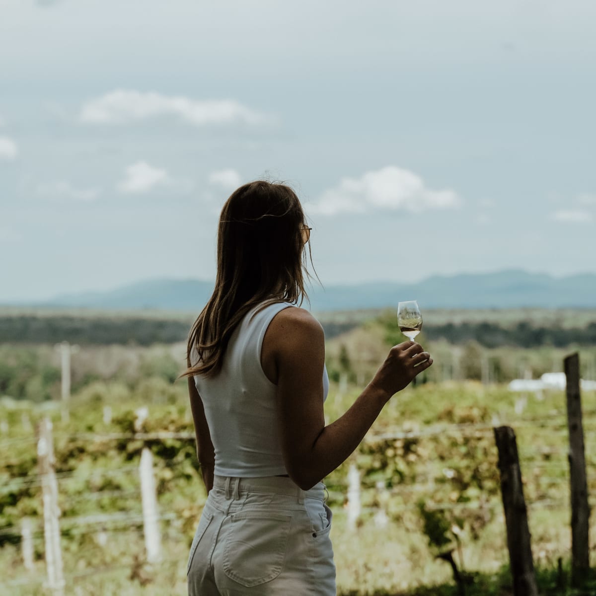 Femme avec coupe de vin devant des vignes.