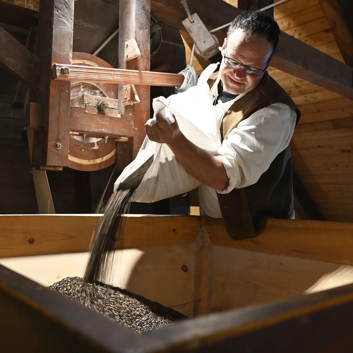 Meunier versant du grain au moulin.