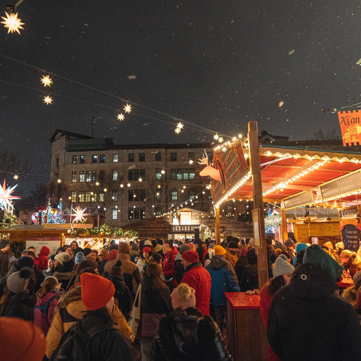 Quebec City German Christmas Market illuminated and packed with people