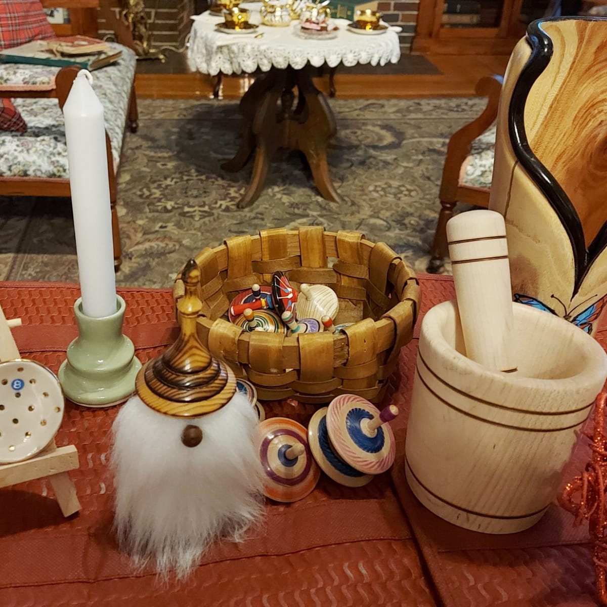 Several handcrafted items at a Christmas market.