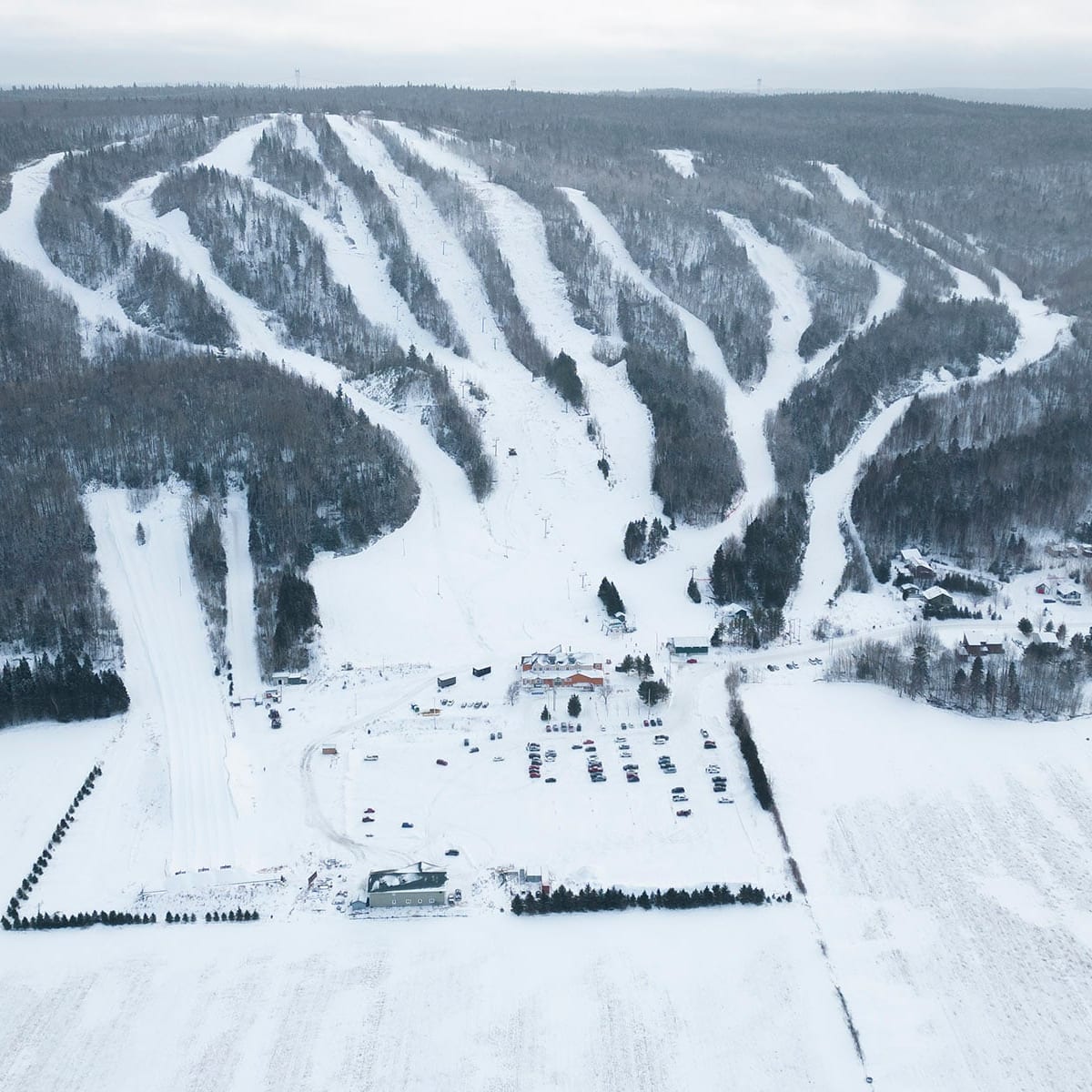 Aerial view of the mountain in winter at Mont Lac-Vert.