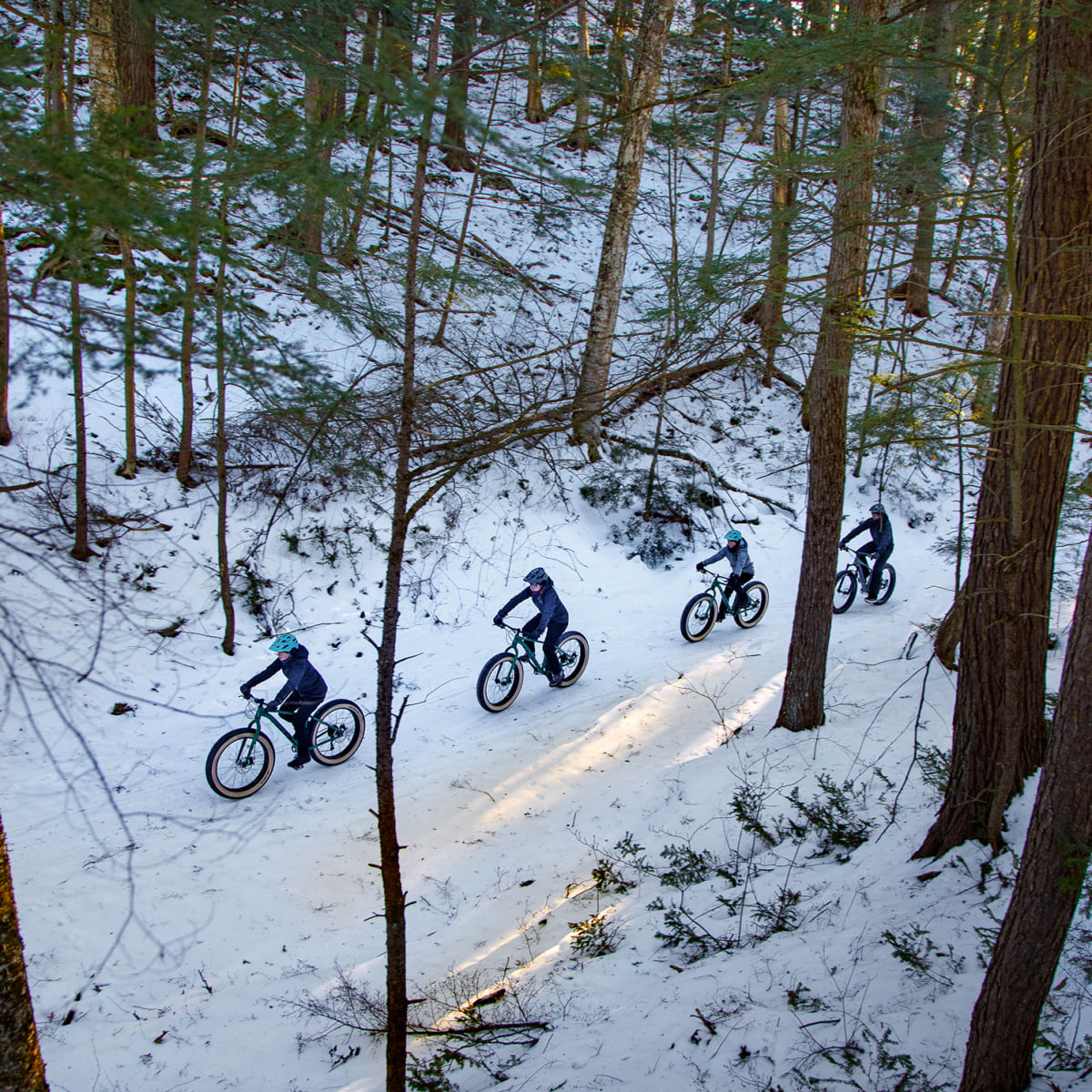 Mountain bike trail in winter at  Montebello, vélo de montagne.