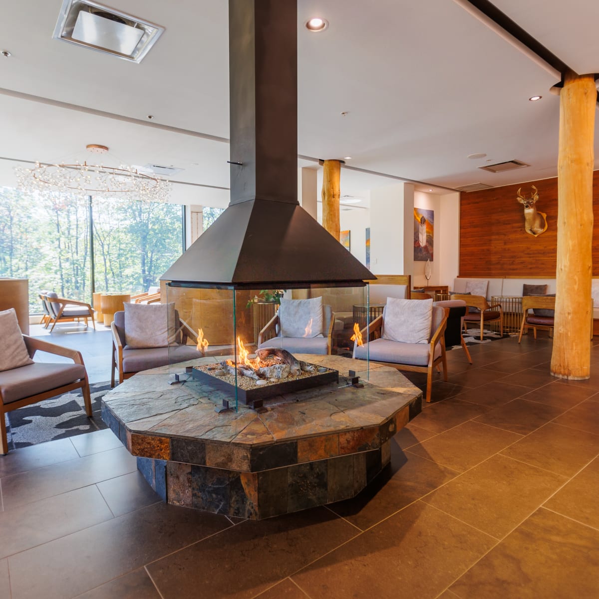 Indoor fireplace in a hotel lobby.