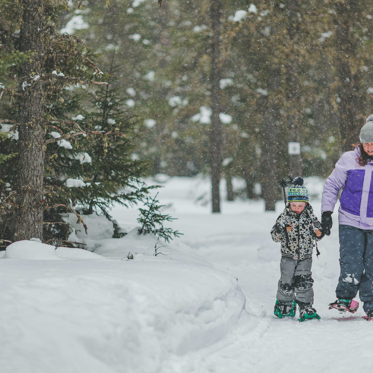 Lac Taureau Regional Park - A woman and child snowshoeing in the forest