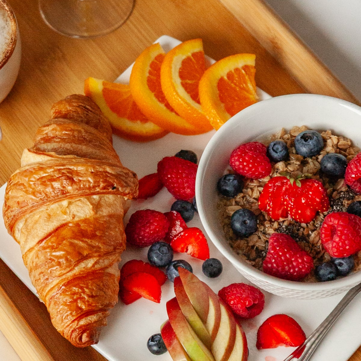 Breakfast tray at a hotel.