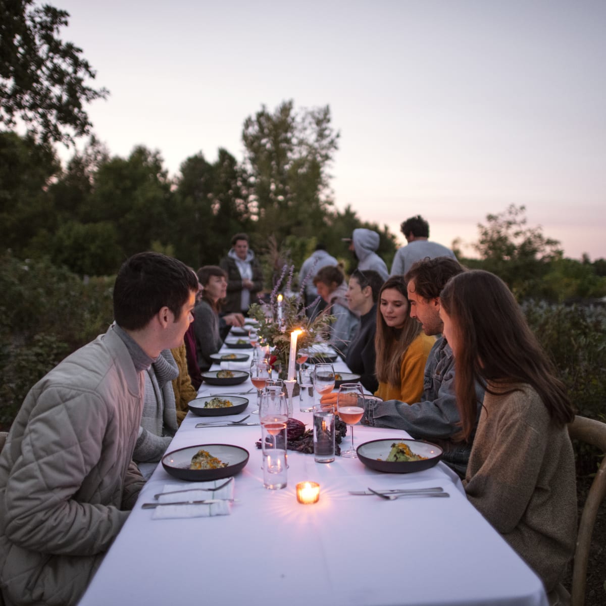 Groupe de personnes autour d'une table champêtre en Montérégie.