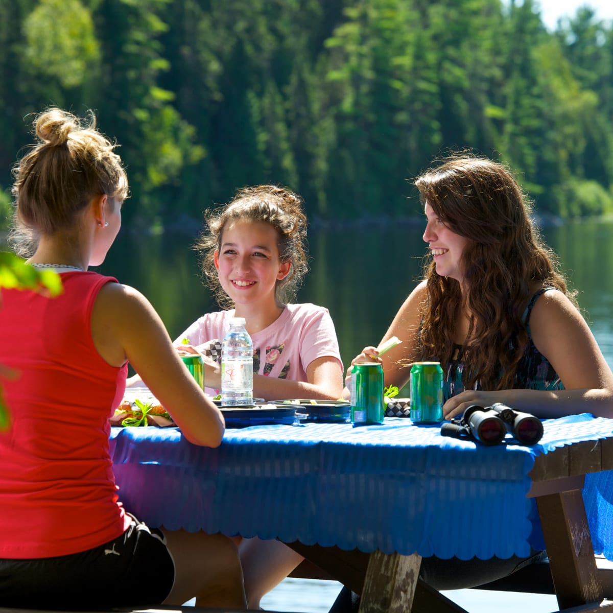 Two women and a young girl on a picnic by the lake.